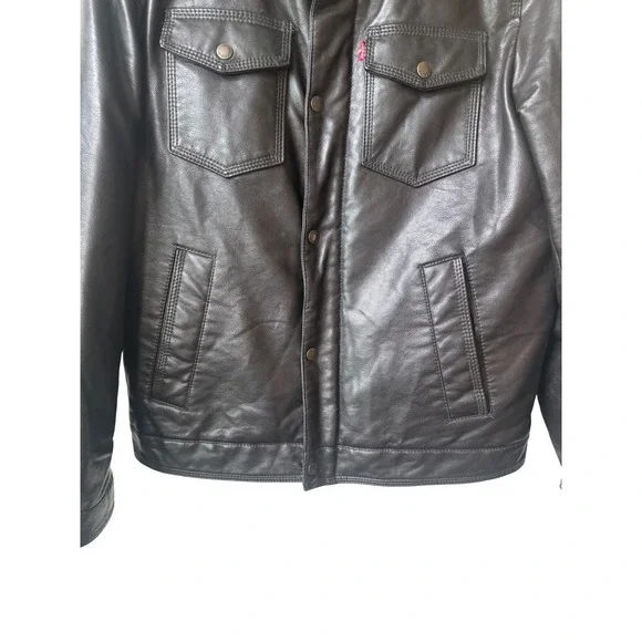 Levis Mens Black Faux Leather Sherpa Trucker Jacket Size S Bomber Full Zip - Picture 4 of 13